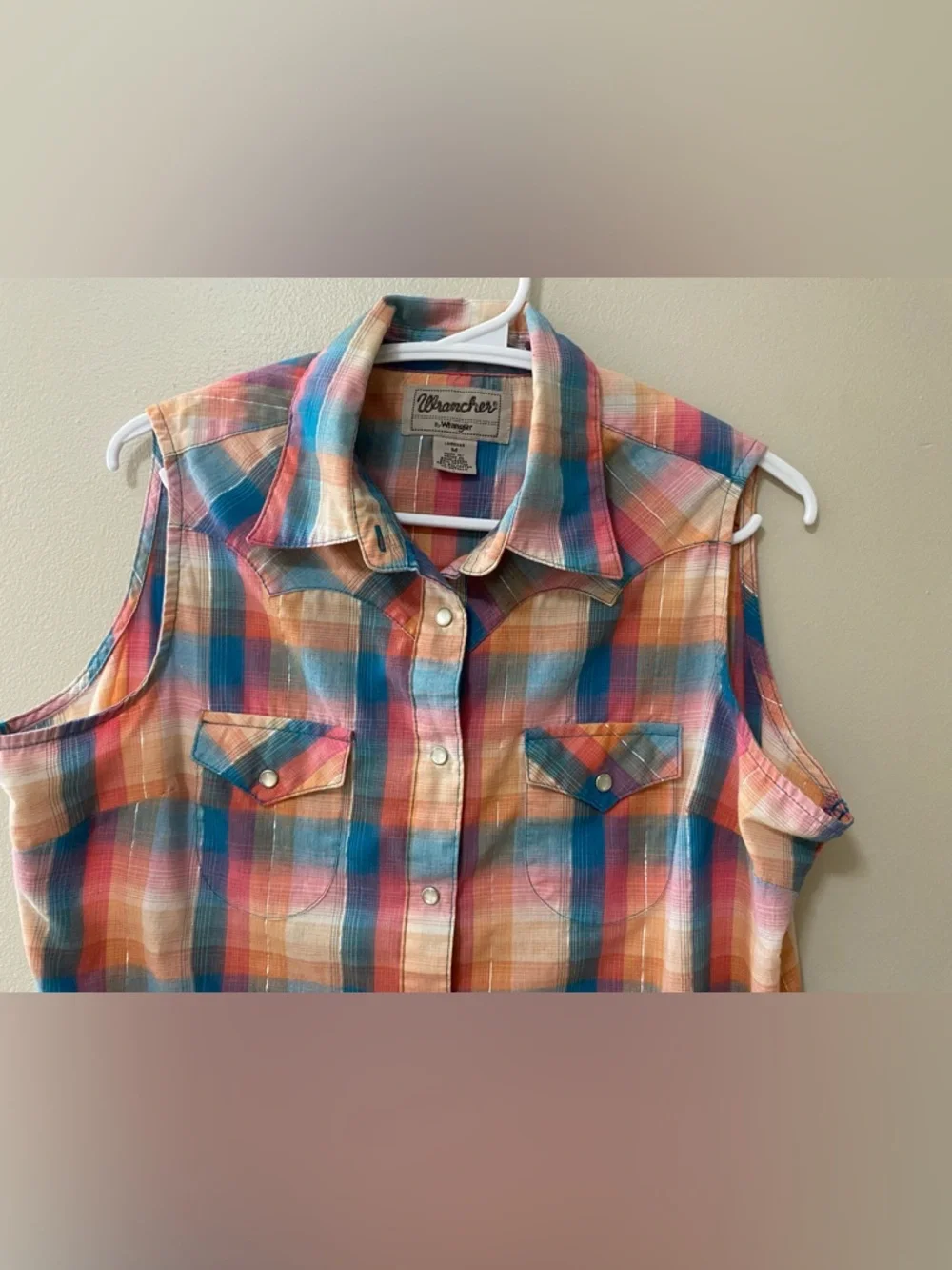 Vintage Wrangler pearl snap button shirt womens size medium plaid metallic tank - Picture 2 of 7